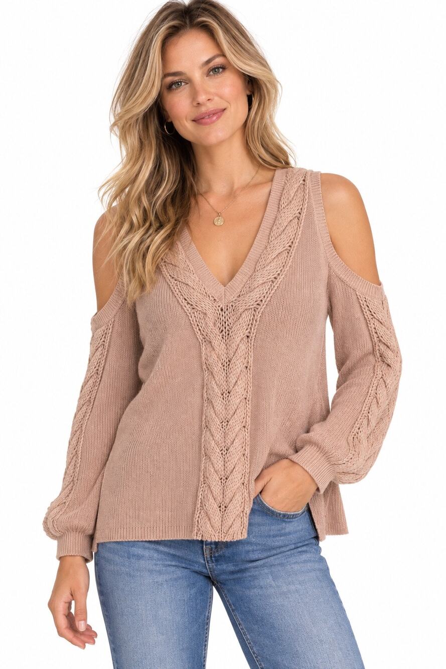 White House Black Market Cashmere Blend Cold Shoulder Cable Knit Sweater M Blush